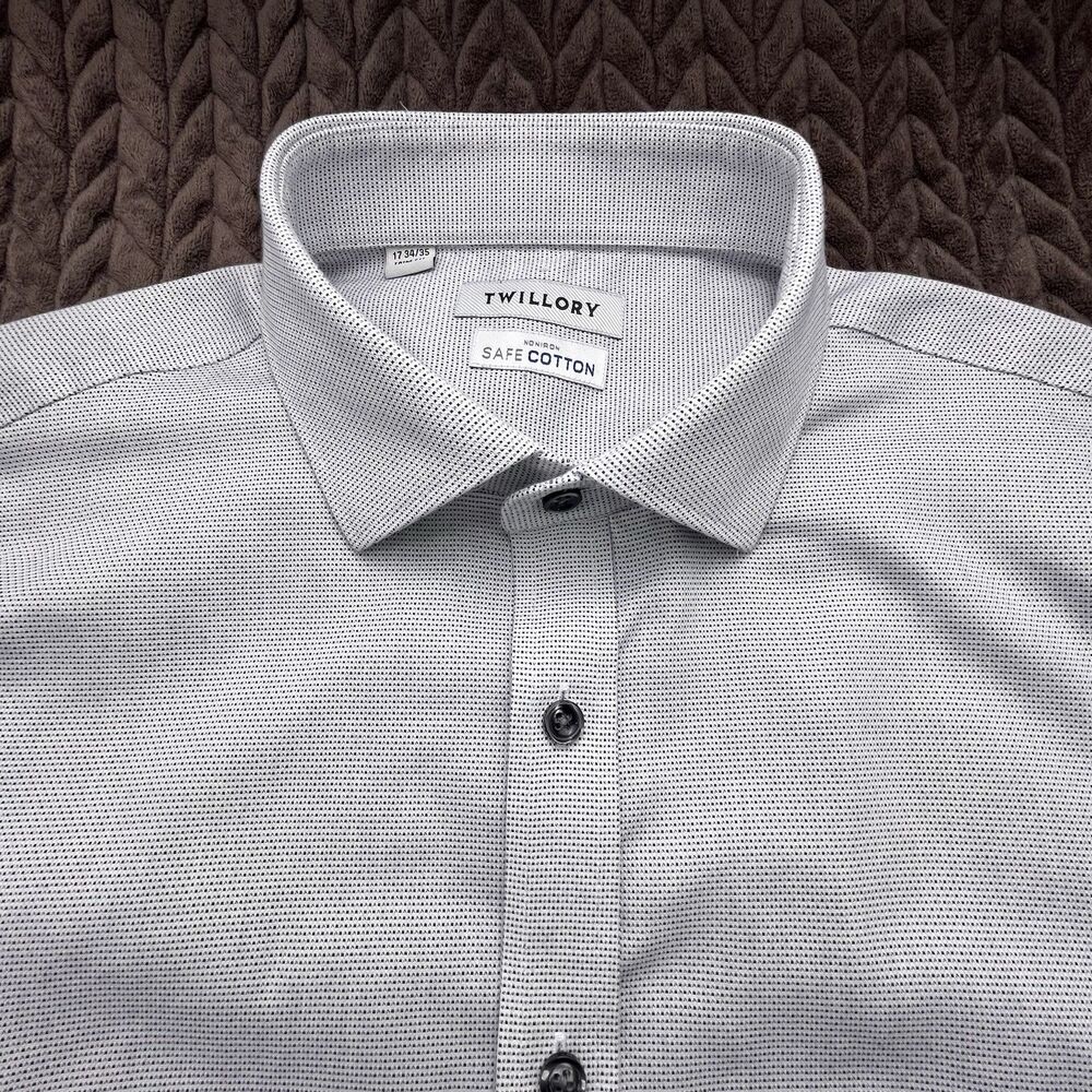Twillory Dress Shirt Men 17 34/35 Blue White Safe Cotton Non-Iron Long Sleeve